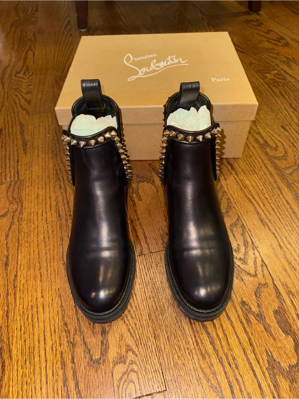 Size 38 Christian Louboutin Capahutta flat leather ankle boots black silver
